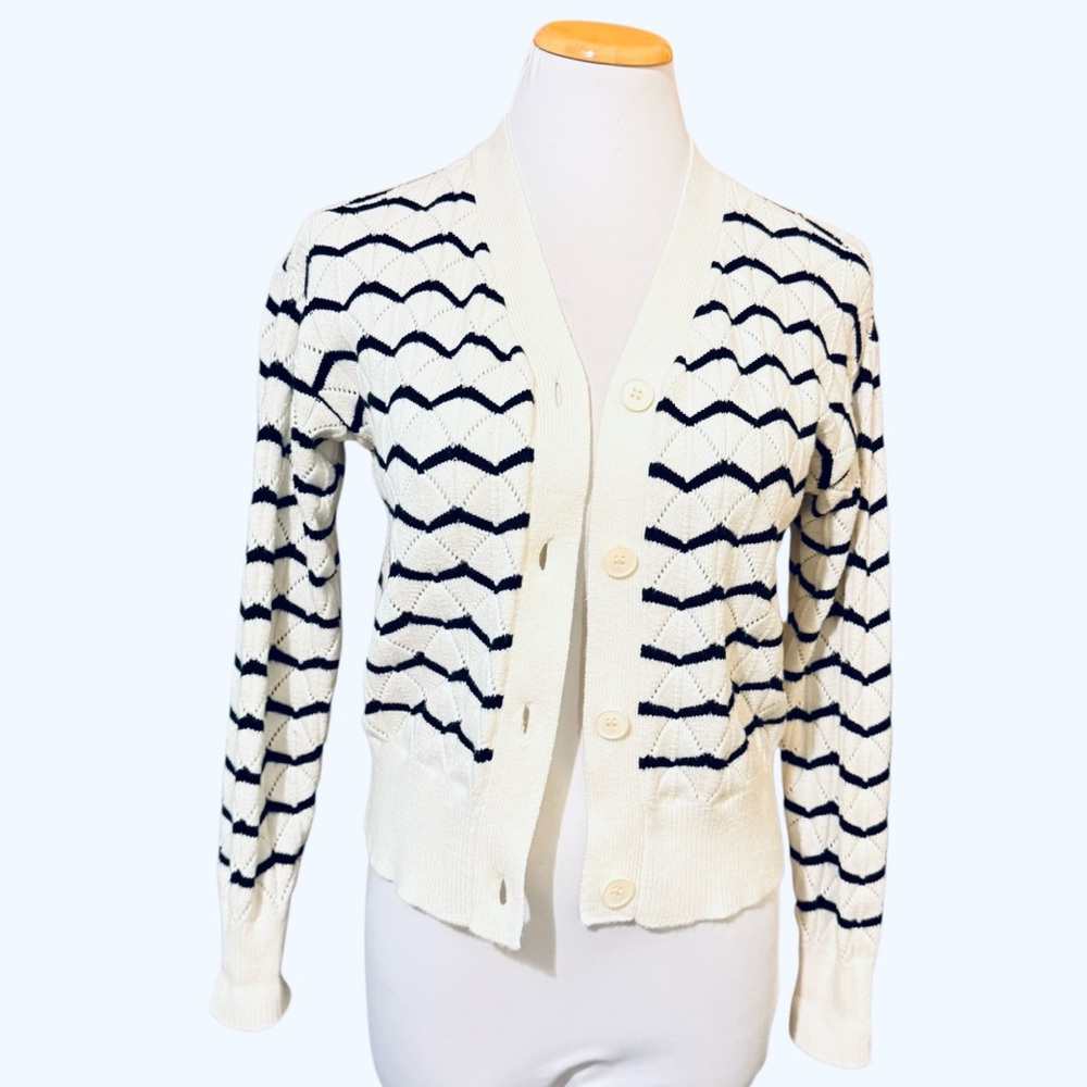 Cyrus Chevron Pointelle Knit  Sweater - Cream and Black